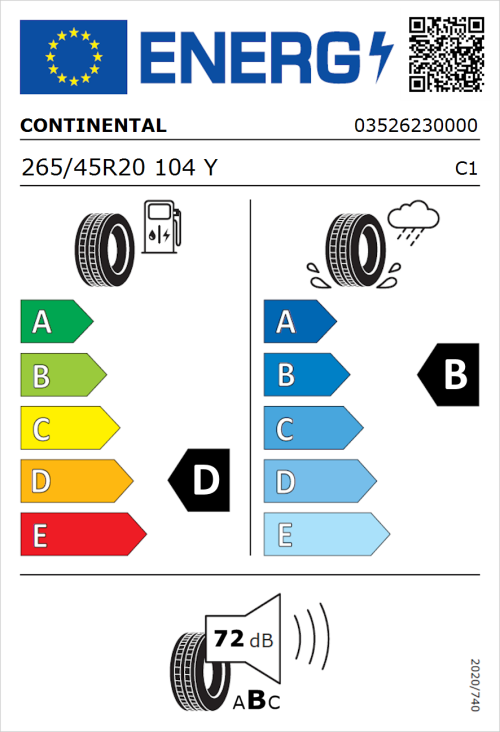 Tyre Label for Continental SportContact 2 265/45R20 104Y